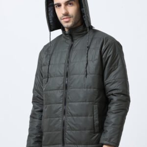 Men's Polyester Hooded Quilted Standard Length Bomber Jacket